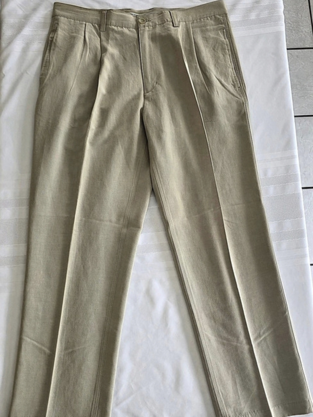 Solitude Mens Khaki Pants 36x30 Pleated Linen Blend Palm Print Lined Pockets